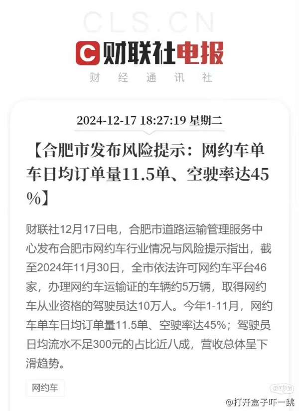 合肥发布网约车行业风险提示，日均流水不足300元的驾驶员占比近八成