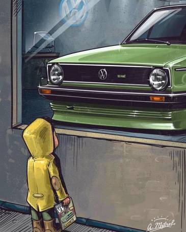 求小男孩橱窗看大众车的图片