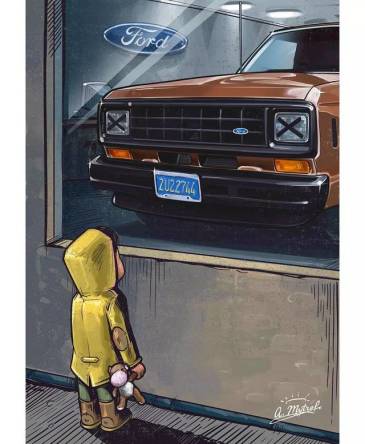 求小男孩橱窗看大众车的图片